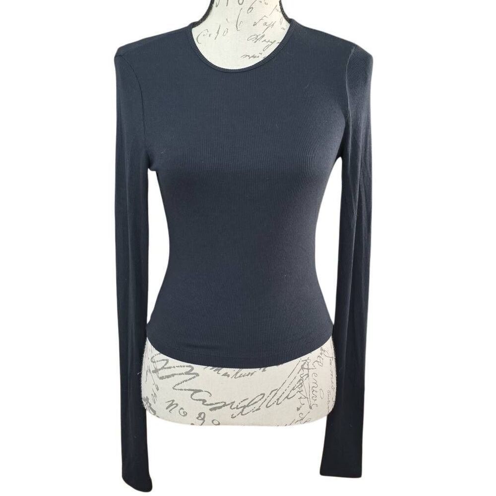 Abercrombie & Fitch Womens Sz Sm Blck Soft Essentials Ribbed Lng Sleeve Skim Top